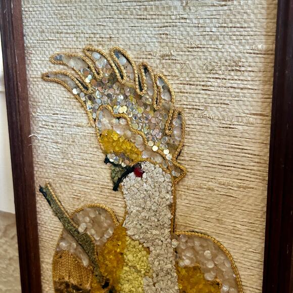 Vintage Burlap Wall Art with Birds – Mid Century Textured Wall Hanging - Picture 4 of 15